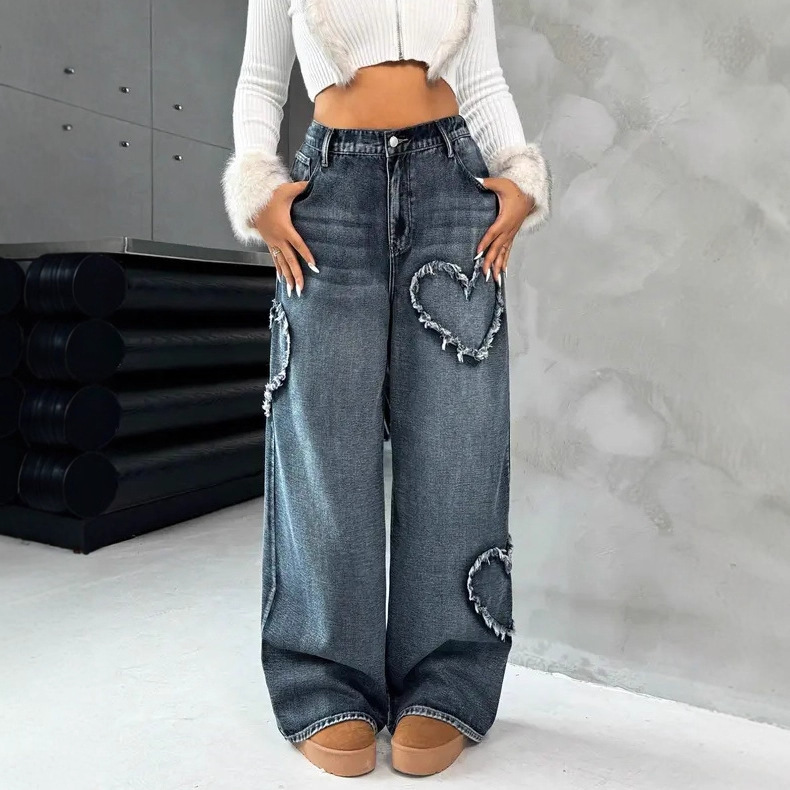 European And American Cross-Border Street Retro Heart Frayed Edge Patchwork Heavy Washed Denim Women's Loose Straight_ecoleips.com