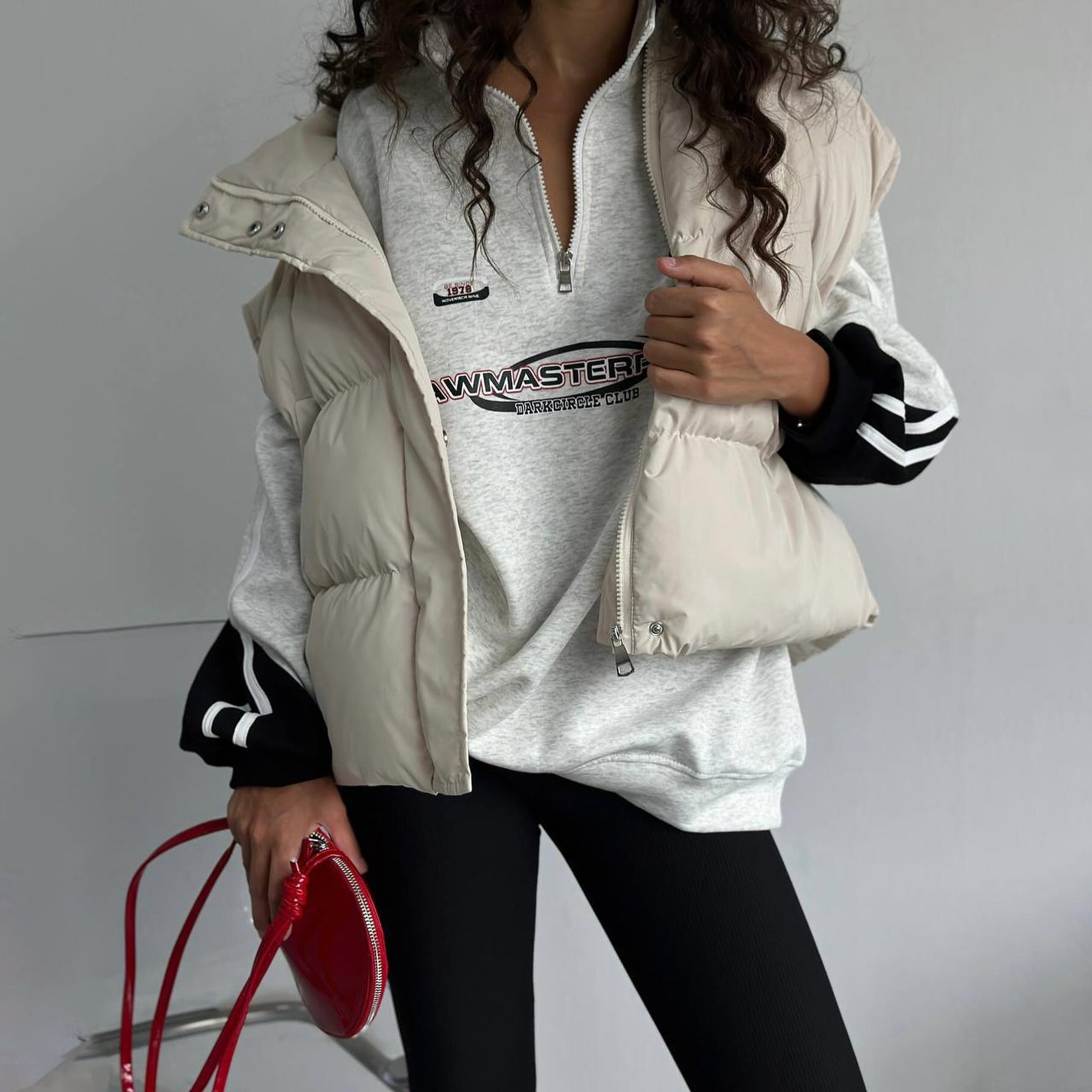 American Half-Zip Stand Collar Jacket Trendy Street Style Letter Print Color-Block Sports Sweatshirt For Women Autumn_desvips.com