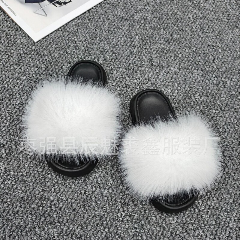 European and American cross-border outdoor furry slippers, the same style as popular with female influencers, fashionable faux fox fur slippers, large size women's sandals ins European and American cross-border outdoor furry slippers, the same style as popular with female influencers, fashionable faux fox fur slippers, large size women's sandals ins