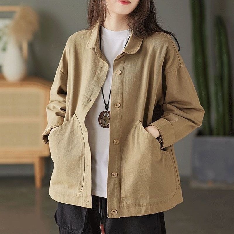 棉质外套女2025新款初秋复古斜纹棉纯色大口袋单排扣宽松休闲上衣|undefined