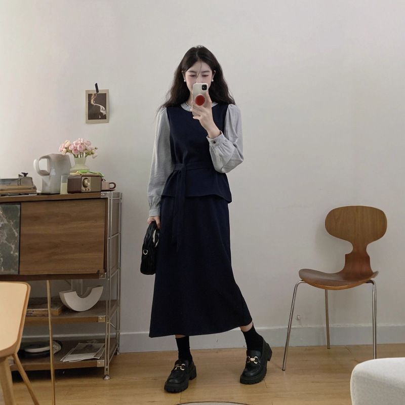 高级感气质通勤穿搭套装女2025早秋新款假两件拼接长袖衬衫半身裙|undefined