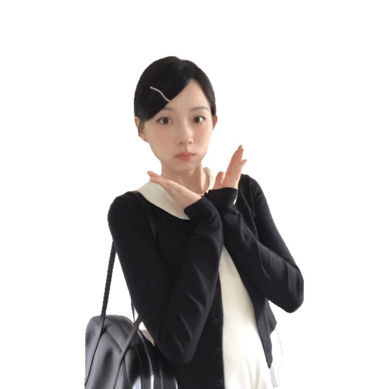 韩系甜美穿搭一整套女秋季黑色针织开衫娃娃领打底上衣宽松阔腿裤|undefined