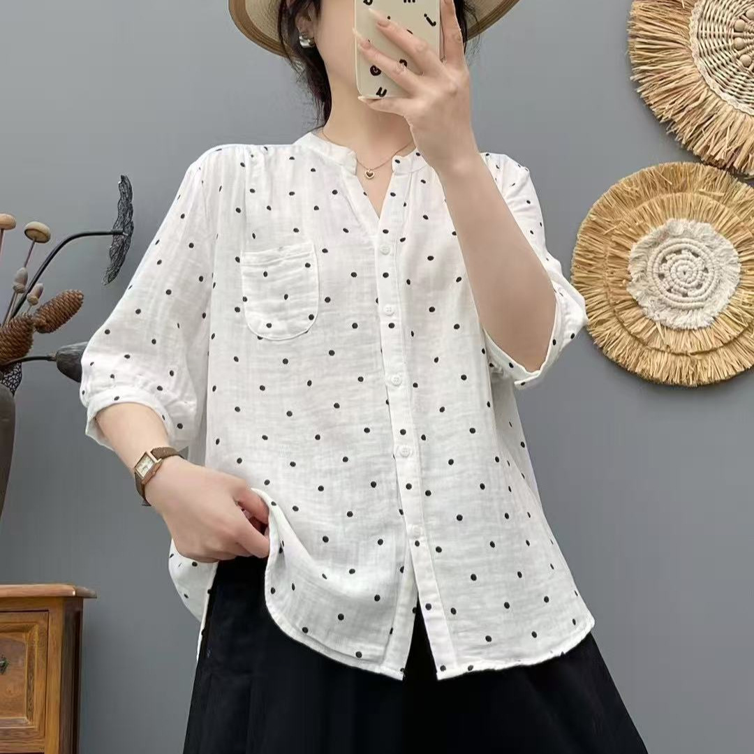 2025 Summer New Style Simple V-neck Polka Dot Print Double-layer Gauze Slimming Women's Blouse 66121_voghion.com