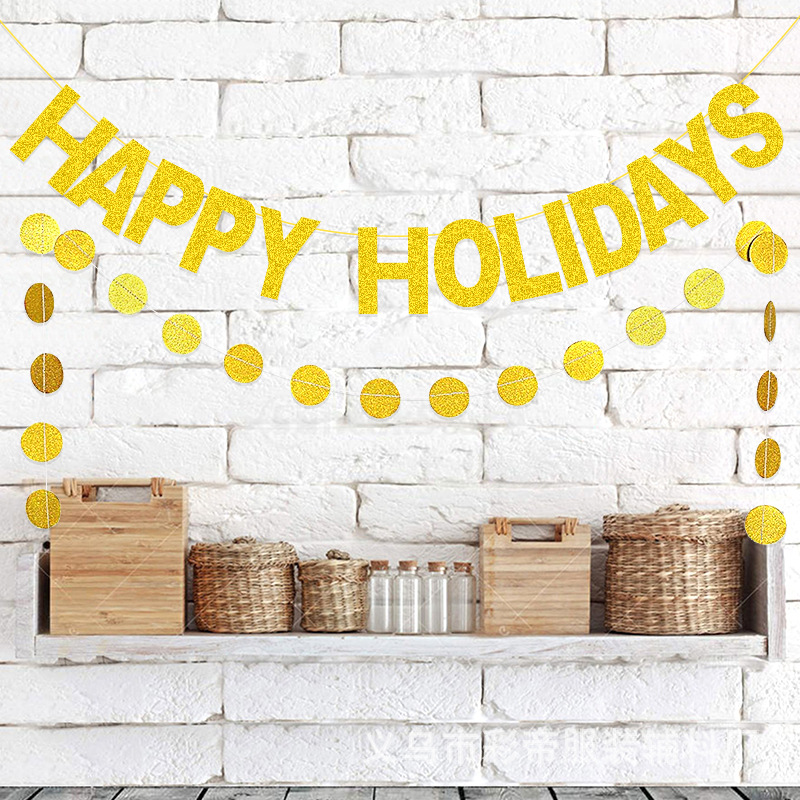 Fiesta de Navidad decoración cadena bandera tire de la bandera felices vacaciones brillo guirnalda carta redonda guirnalda