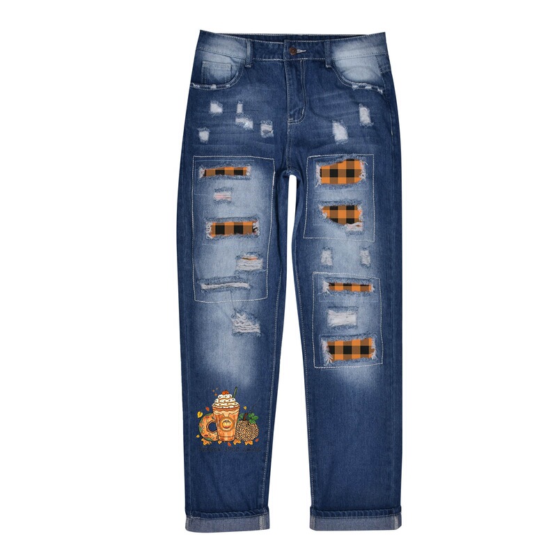European and American cross-border independent station Amazon new Halloween ripped printed casual WISH loose washed jeans
