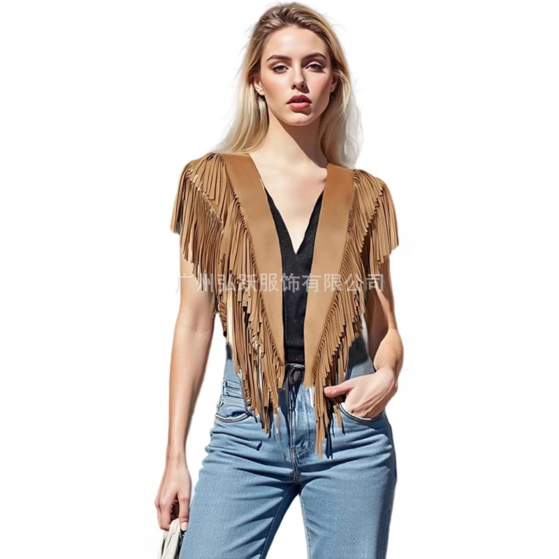 Amazon Cross-Border European and American Style Sleeveless Fringe Top Hippie Cowgirl Western Faux Suede Vest Shawl