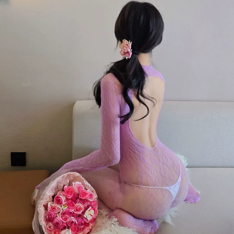Женский bodystocking леопардовый кружевной, сетчатые рукава, открытая спина, цельный (Чёрный/Фиолетовый)
