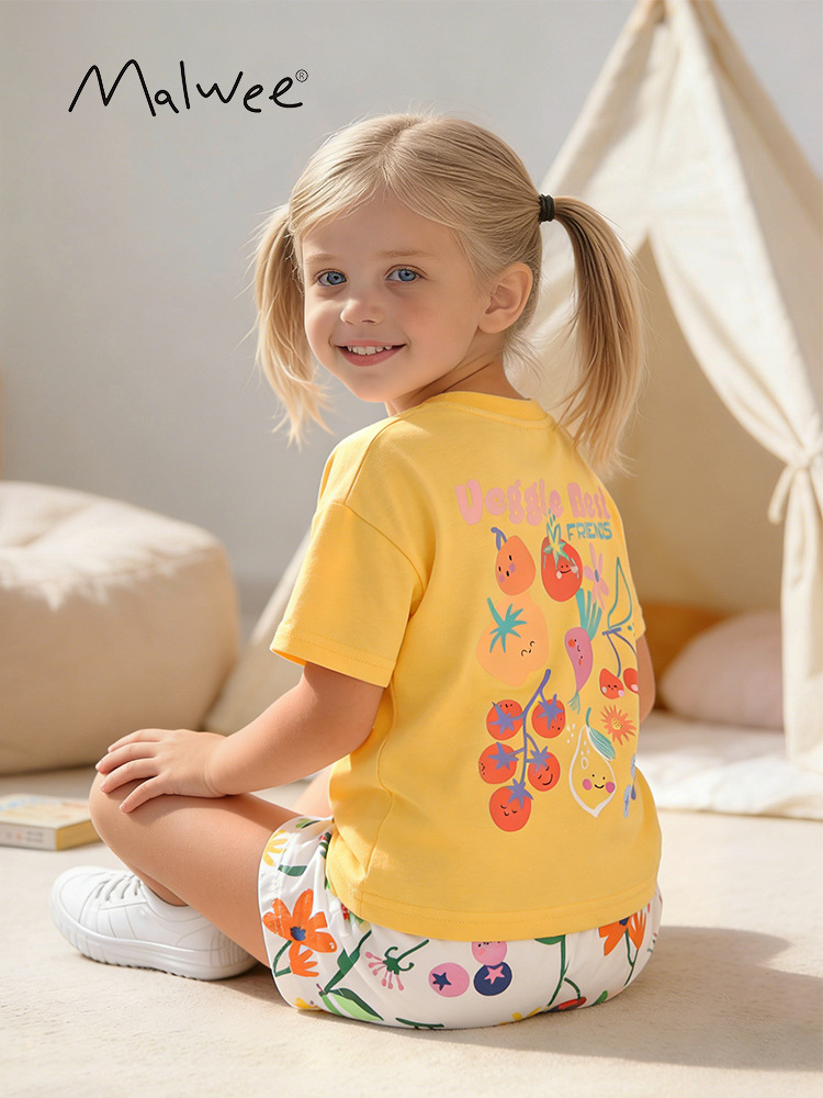Trajes de niñas malwee transfronterizos verano nuevo cuello redondo camiseta de manga corta adorable niñas para niños europeos y estadounidenses