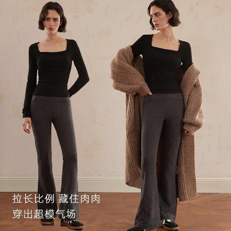Wool and Silk Double-Sided Fleece High-Waisted Tummy Control Women's Flared Pants, Slimming, Versatile Casual Long Pants, Flared Pants, Winter Thickened