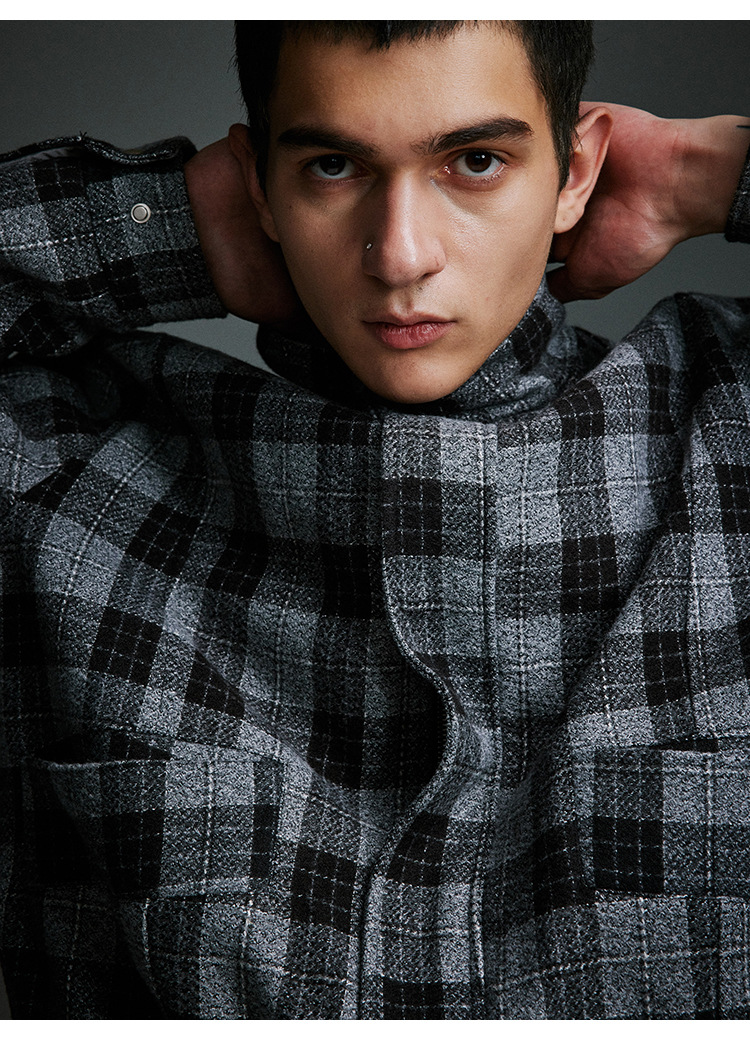 Men's Clothing Retro Stand Collar Plaid Woolen Coat Vintage Design Cotton Coat_voghion.com