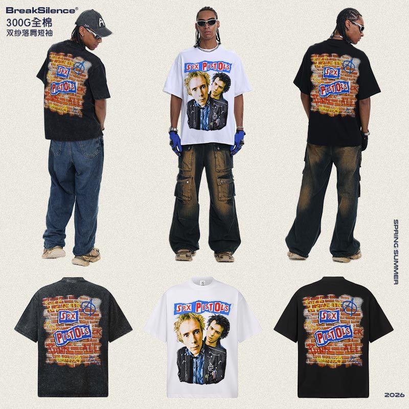 2026 Cross-Border Sex Pistols Band American High Street Style T-Shirt, Pure Cotton Heavyweight Knit, Snowflake Wash, Men's Short Sleeve 2026 Cross-Border Sex Pistols Band American High Street Style T-Shirt, Pure Cotton Heavyweight Knit, Snowflake Wash, Men's Short Sleeve