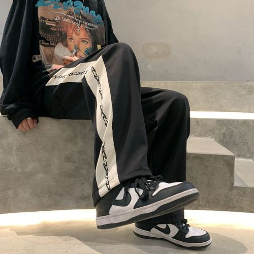 oversize side stripe autumn and winter pants, high-end feel straight leg pants, American street style men's loose wide-legged pants 