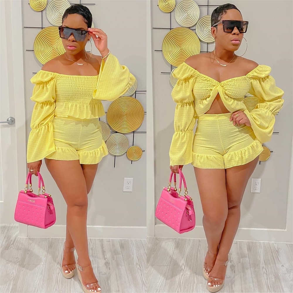 175g Weight Long Sleeve Sleeve Length Polyester Fabric Type Shorts Co-ord Set Sets Type 2 Pieces Set Quantity Street Occasion V Neck Neckline Comfort Function Slim Fit Type Solid Color Pattern Summer Season Women's Gender Pleated Design Sexy Style Street Women's Sexy Solid Color Polyester Pleated Shorts Co-ord Set Shorts Sets 4