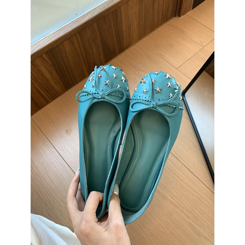 Sheepskin version~Vintage style blue star studded bowknot single shoes, round toe, shallow cut ballet flats for women