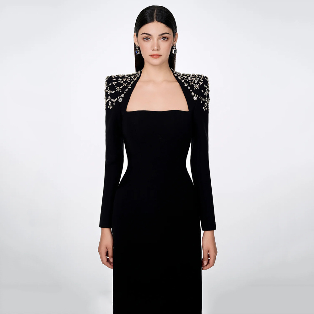 Elegant Rhinestone Embellished Bandage Dress Square Neck Long Sleeved Women's Evening Gown for Parties And Banquets European American Style_ecoleips.com