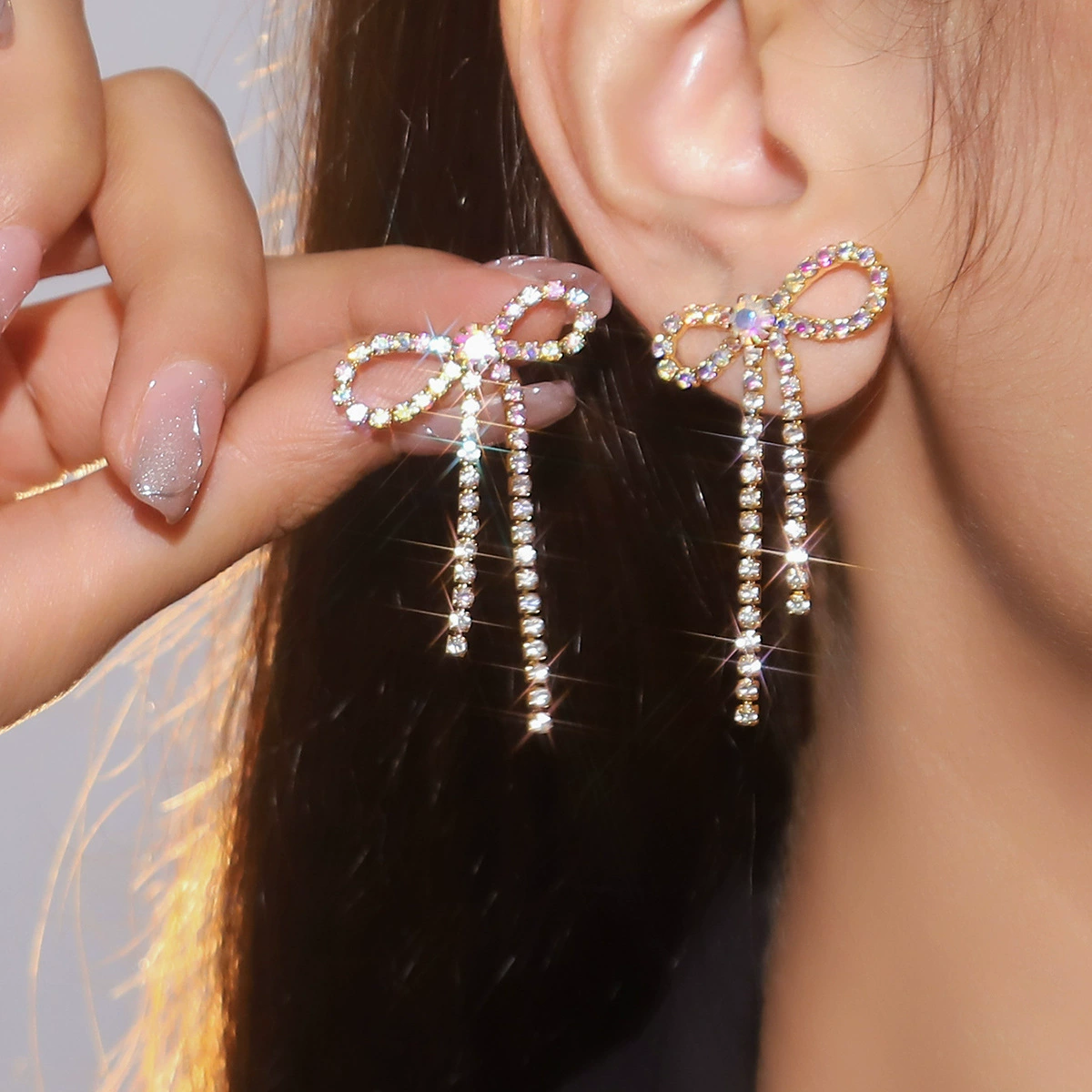Серьги DINGKA бант с rhinestone, медь с серебряным покрытием, 4.4×2.7 см, 7.3 г