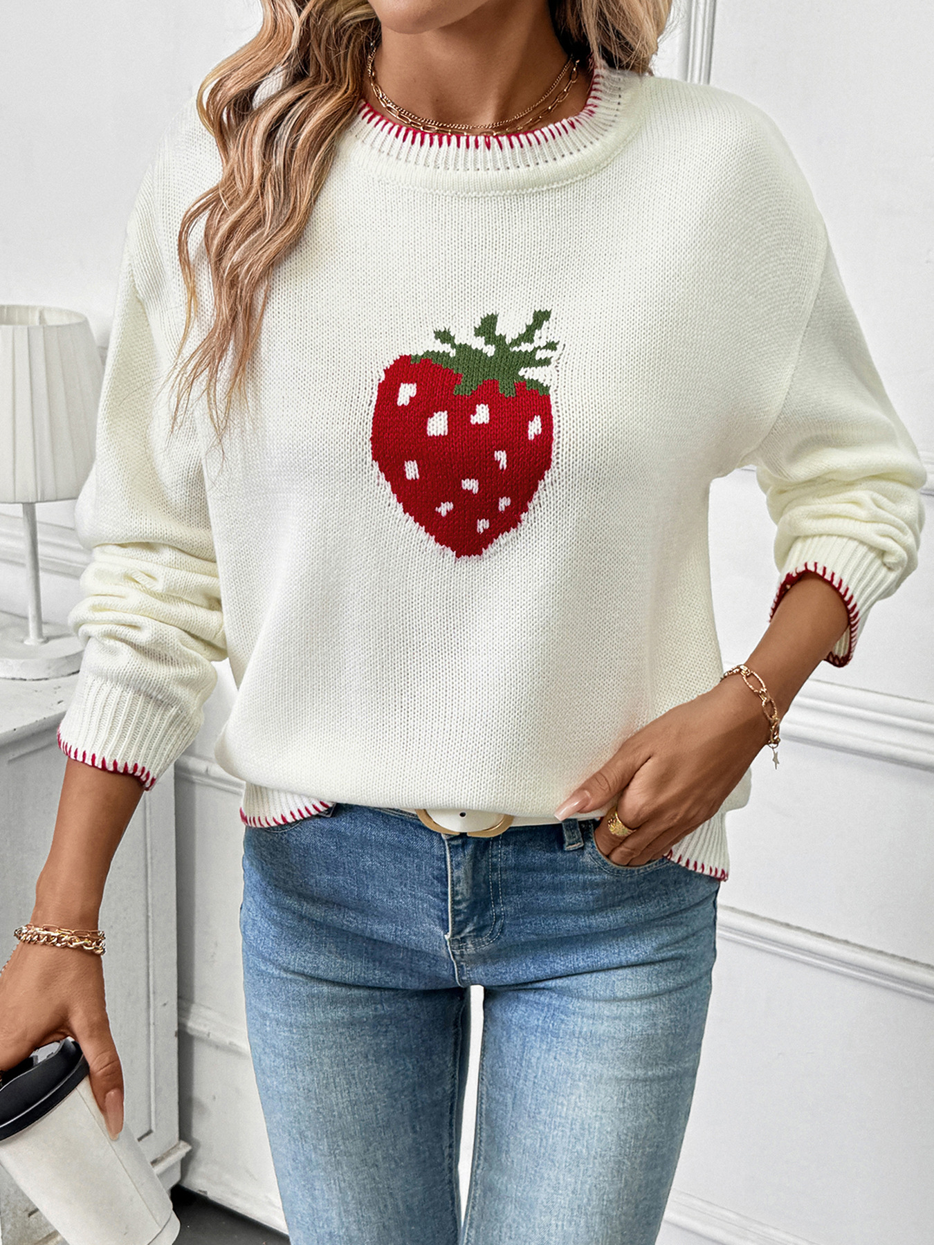 Women's Strawberry Jacquard Knit Sweater - Soft Acrylic Pullover With Loose Fit, Round Neck, Long Sleeves For Casual Comfort_voghion.com