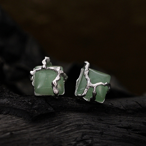 E1245 New Chinese Style Earrings for Women Simple and Fresh S925 Sterling Silver National Trend Square Pearl Green Aventurine Jade Earrings