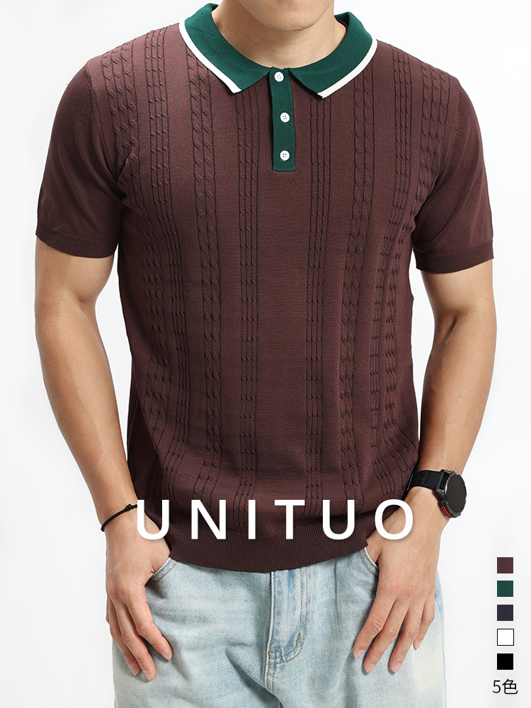 2026 verano nuevo hombre polo de punto de color contraste manga corta con collar de tela de corteza texturas de negocios chaqueta casual para hombre