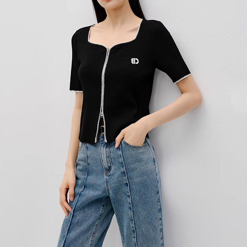 Spring and Summer New Style Black French Style Knitted Short-Sleeved Women's Slim-Fitting Tops Cardigan Short-Sleeved Women