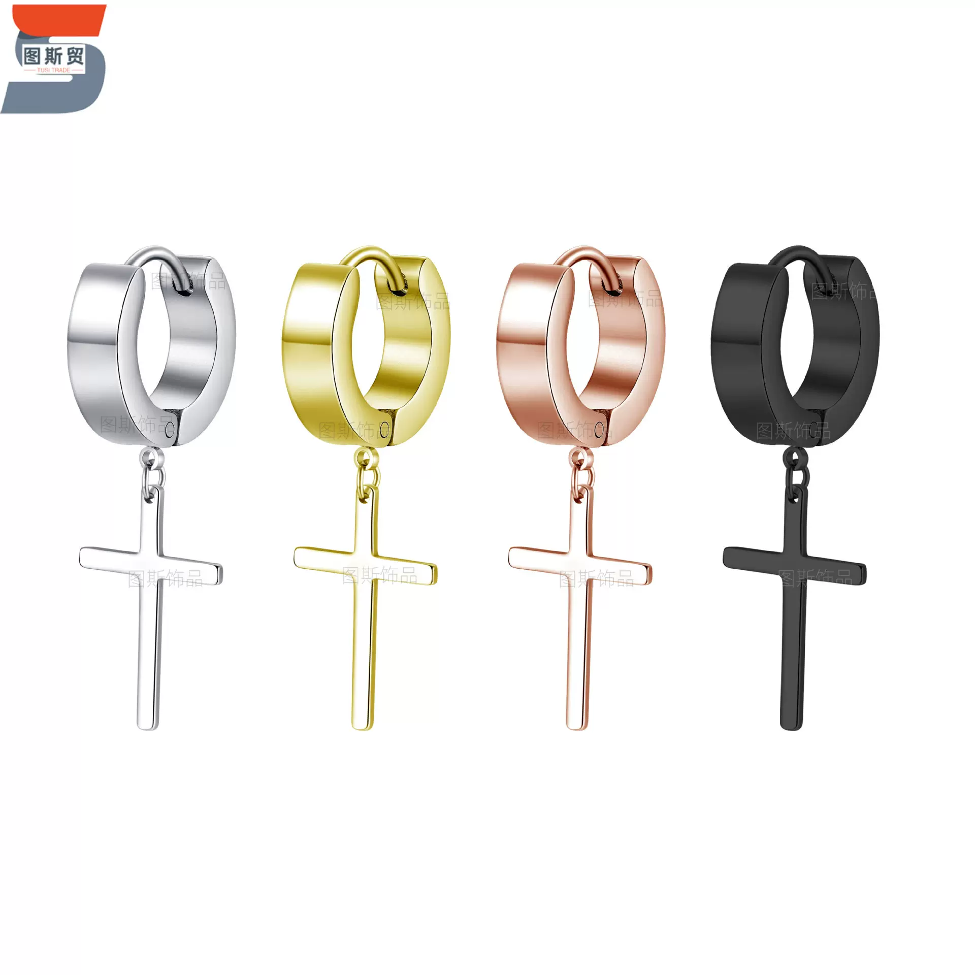 跨境不锈钢十字架吊坠耳骨夹欧美潮男女钛钢耳环法式穿刺饰品耳饰