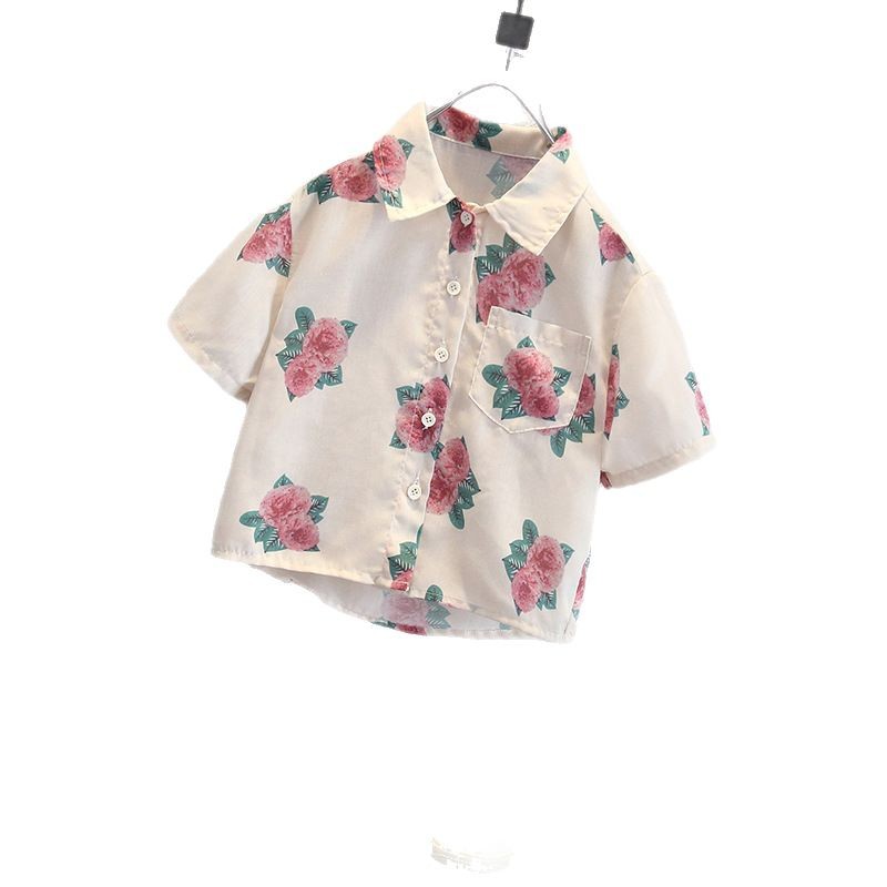 8027 Camisa de manga corta para niños 2025 verano nuevo estilo para niños Camisa de manga corta con estampado de rosas para niños