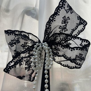 French-Style Vintage Gauze Curtain Tiebacks with Curtain Buckle Ties, Bow Lace Pearl Tie Ropes