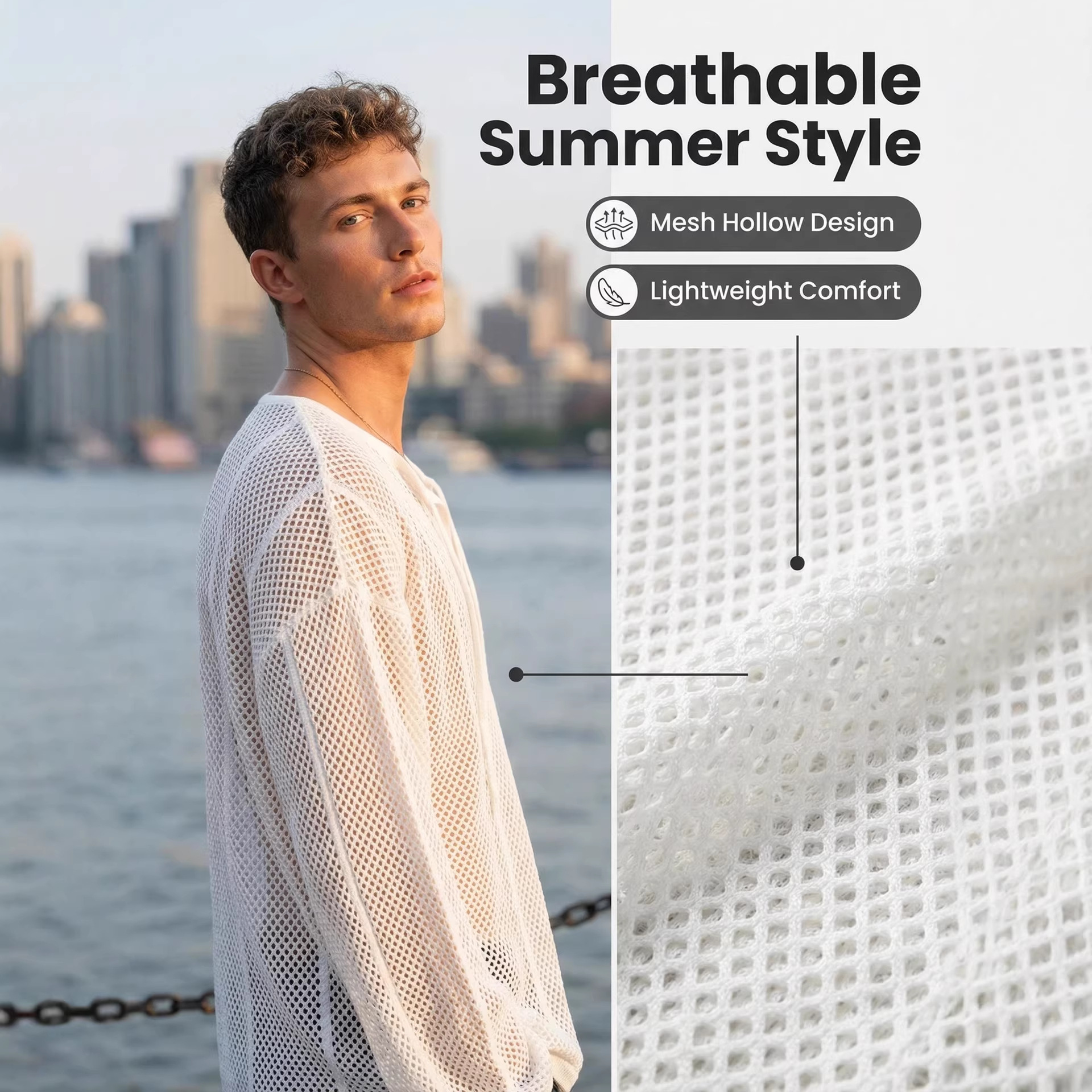 Herrenbekleidung Herren-Strickoberteil mit Lochmuster, langen Ärmeln und V-Ausschnitt, atmungsaktiv mit Kordelzug, lässiges Strandhemd im Urlaubsstil_voghion.com