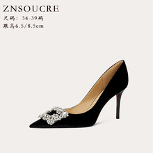 718-43法式高跟鞋黑色丝绒晚礼服婚纱照新娘鞋细跟方扣单鞋婚鞋