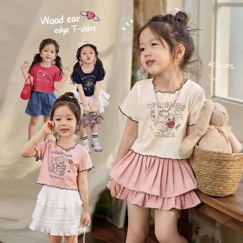 Children's Summer T-shirt 2025, Cute Girls' Short Sleeve T-shirt with Mushroom Edge, Fashionable Printed T-shirt for Kids