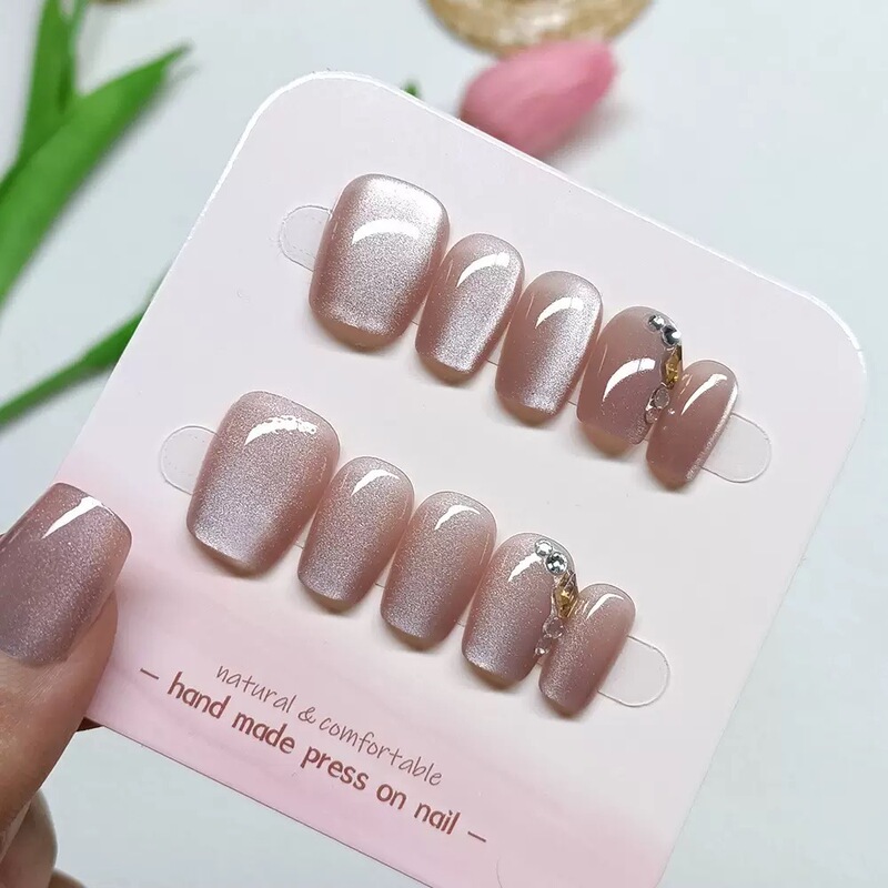 Gentle Bean Paste Pink Handmade Short Gel Nail Patches Crystal Cat Eye Nail Stickers Gentle Bean Paste Pink Handmade Short Gel Nail Patches Crystal Cat Eye Nail Stickers
