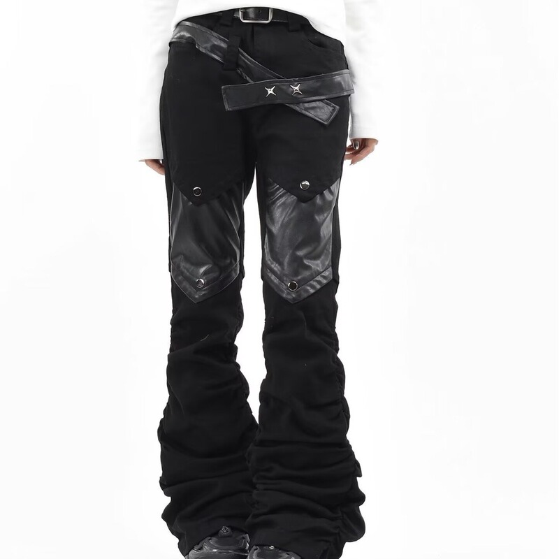 European and American Street Style Pleated Layered Patchwork Unisex Cyberpunk Rock Pu Straight-Leg Denim Flared Pants