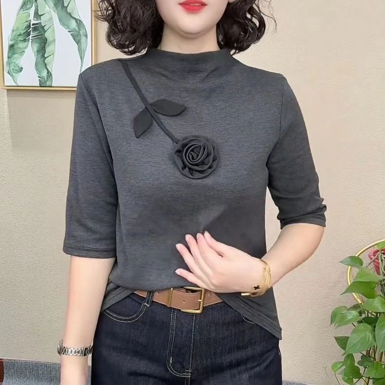 一件代发直播爆款半高领打底衫2025秋季新款中袖T恤女五分袖上衣|undefined
