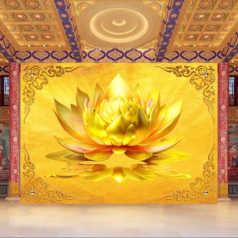 金色莲花荷花墙纸布佛字背景禅意莲花壁画禅房寺庙佛堂家壁纸|undefined