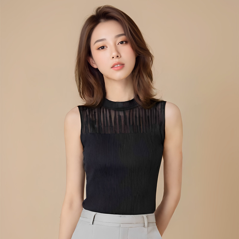 Versatile Knitted Vest with Ruffled Collar and Lace Trim, Women's Base Layer Half-High Collar Sleeveless Top, High-End Alo Vest