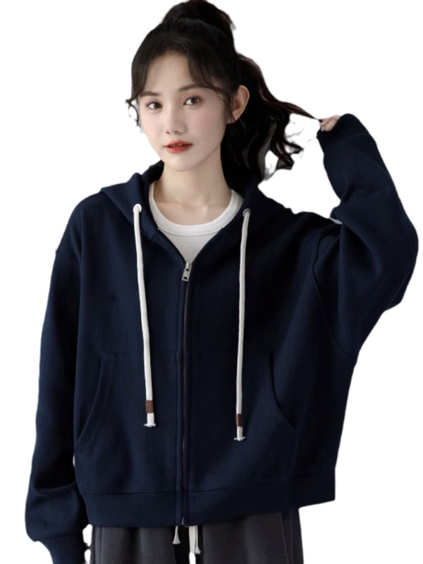 藏蓝色加绒加厚短款卫衣外套女秋冬2025新款美式开衫外套上衣7317|undefined