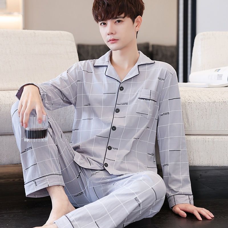 100% algodón de gama alta de los hombres pijamas de primavera y otoño de manga larga de solapa suelta traje de mediana edad desgaste del hogar