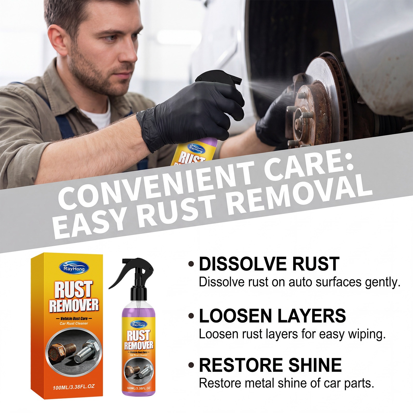 Rayhong Car Rust Remover, Metal Parts Rust Removal and Cleaning Agent, Car Hardware Cleaning Spray