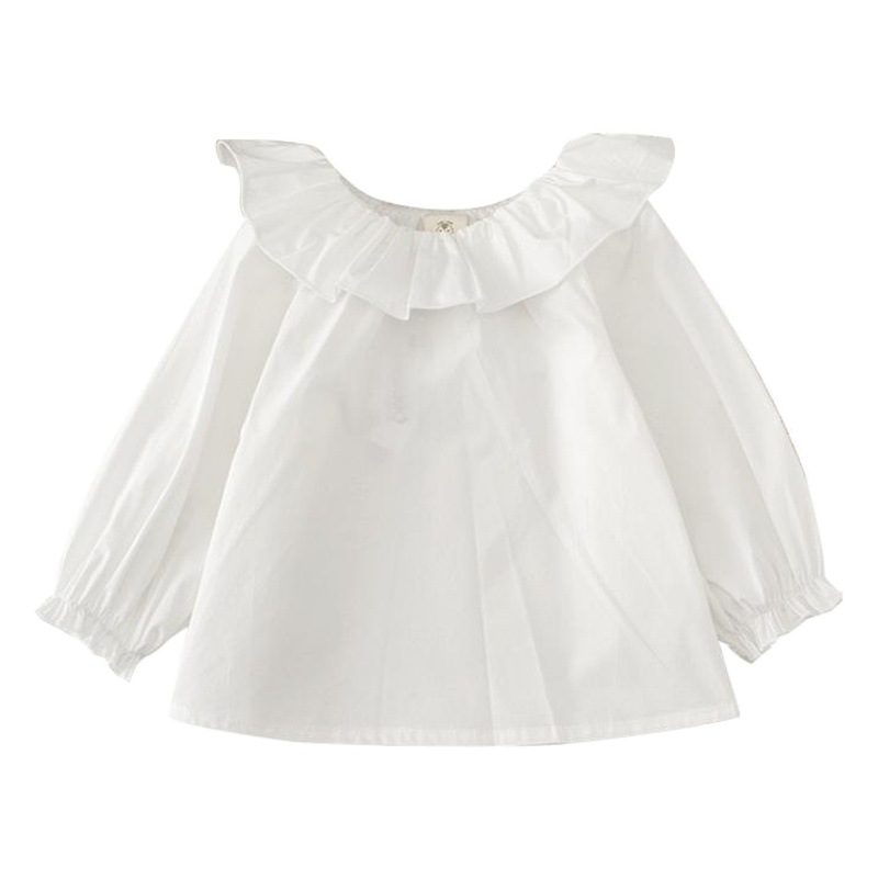 Venta al por mayor de primavera y otoño ropa para niños dulce niña con volantes camisa de solapa grande princesa manga burbuja de oreja de madera manga larga superior