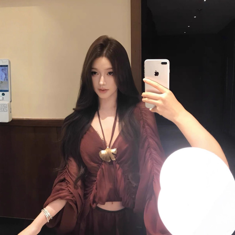 JAYKY YANGHighline系列雪纺薄纱抽褶V领上衣垂感半身裙套装|undefined