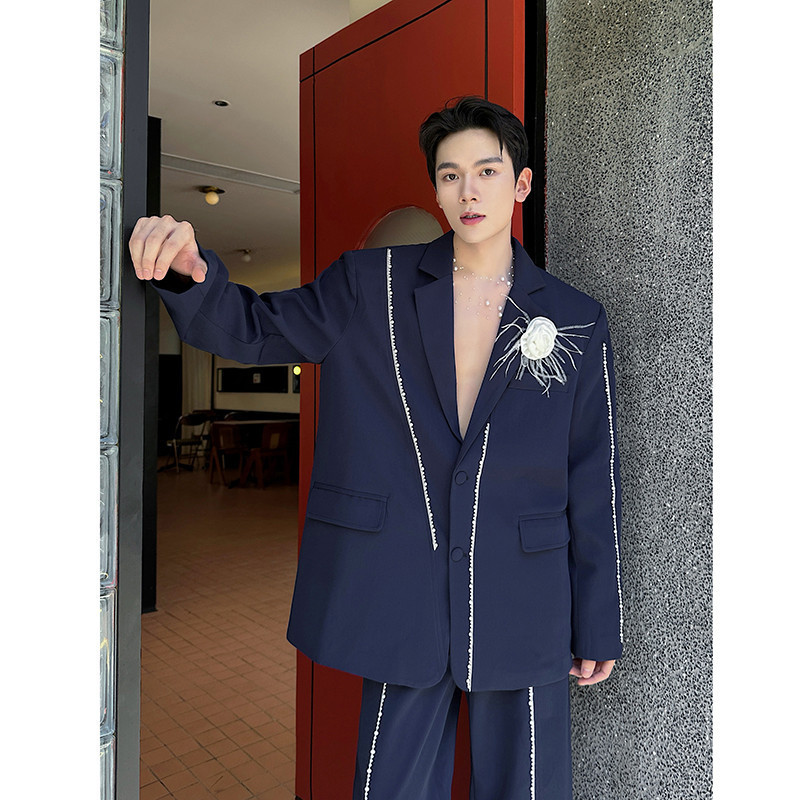 Men's Suit Dress Suit High-End Blue Stereo Decorative Lines Designer High-End Suit and Trousers Set