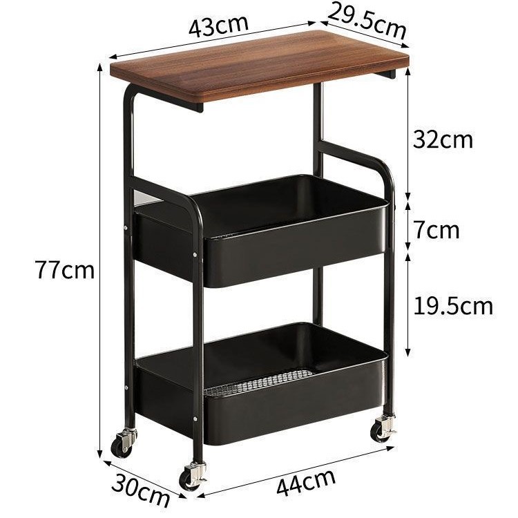 Movable Carbon Steel Storage Rack Living Room Kitchen Bedroom Trolley Side Table Retro Storage Snacks Vegetables Cosmetics