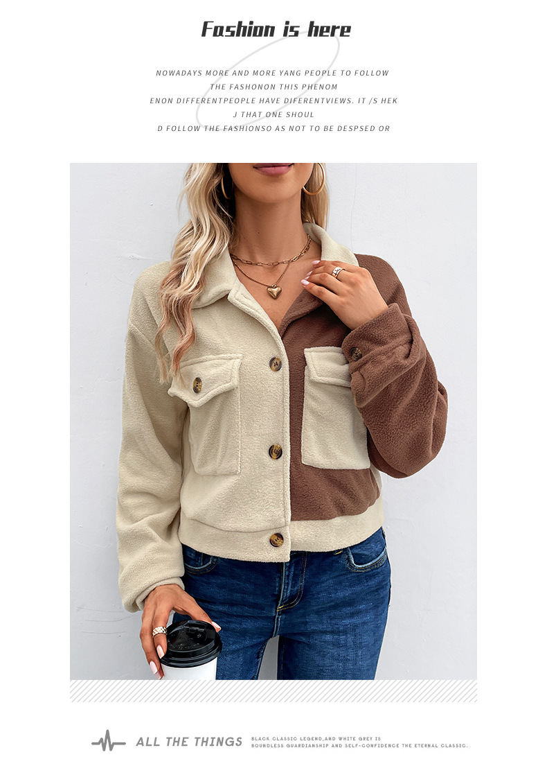 Autumn and Winter Contrast Color Block Jacket Lapel Short Jacket Polar Fleece Jacket_voghion.com