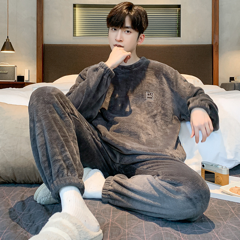 2024 New Coral Fleece Pajamas Men's Autumn and Winter fleece-lined Thickened Simple Casual Home Clothes suit Wearing