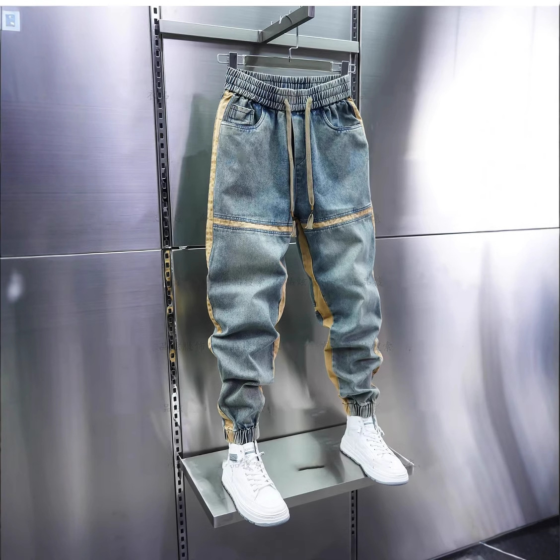 Men's Slim Fit Patchwork Jeans Blue Washed Distressed Elastic Waist Jogger Pants Trendy Spring Style_voghion.com