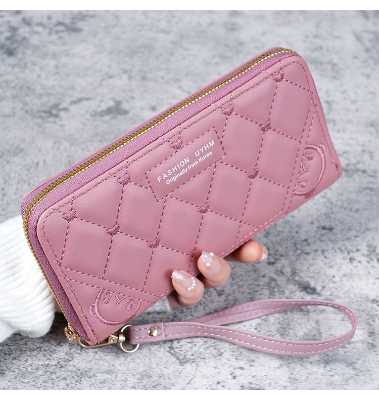 Cartera larga de mujer con cremallera única, bordado de color sólido, bolso embrague multifuncional de gran capacidad para teléfono móvil