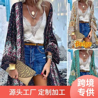 2022开襟衫开放前波西米亚花卉印花女衫和服海滩上衣长袖宽松型