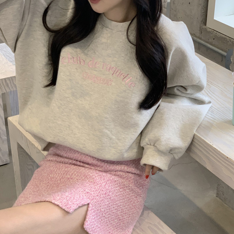 鲁简约百搭套头圆领刺绣字母印花设计长袖加绒加厚卫衣