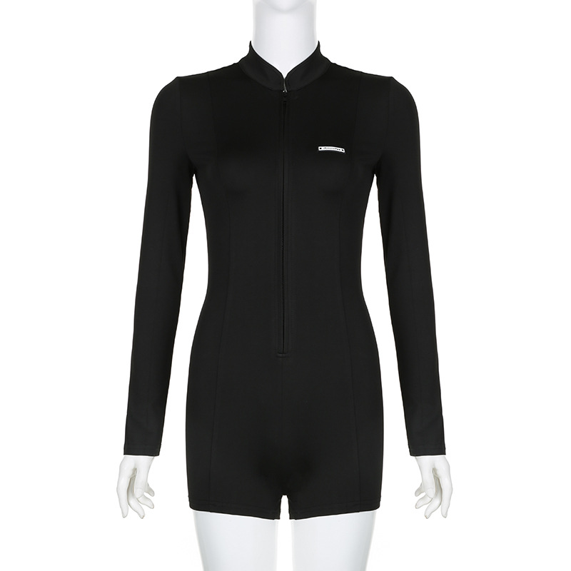 Street Stand Collar Split Zipper Tight Shark Jumpsuit Autumn Sports Casual Long Sleeve Sexy Top