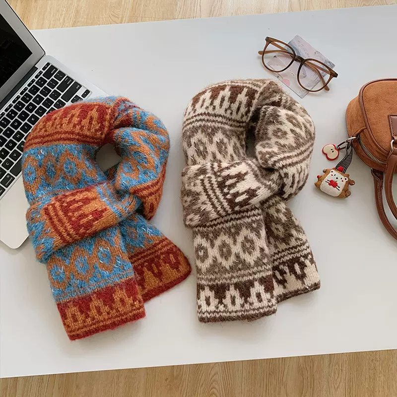 费尔岛混色围巾女冬季编织氛围感秋冬针织围脖保暖加厚凹造型批发